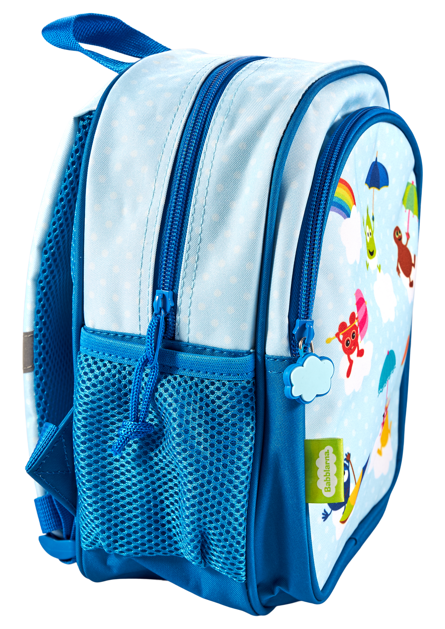 Babblarna small backpack with 2 zipped pockets and net side pockets. 5L