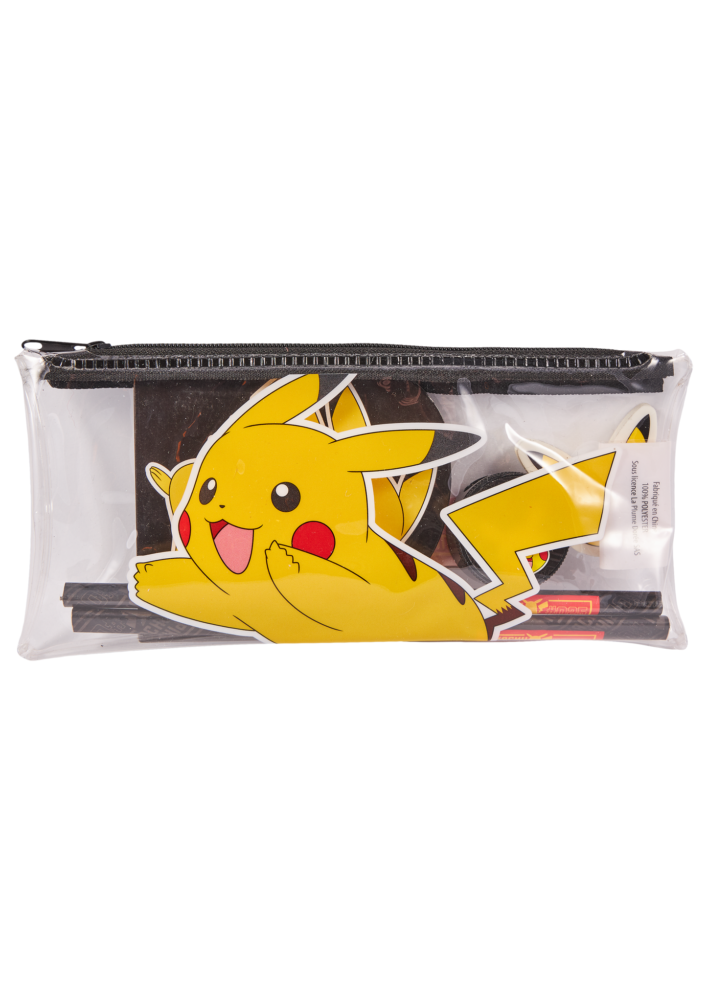 Pokémon penalhus i klart plast med Pikachu m fyld (18x9x1cm)