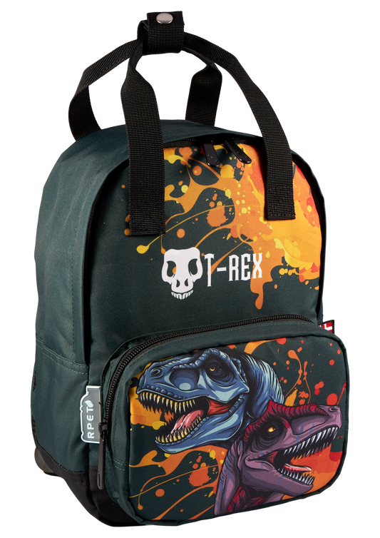 Dino T-REX small backpack with zippered front pocket 7L (29x20x13cm)
 Made from recycled plastic bottles