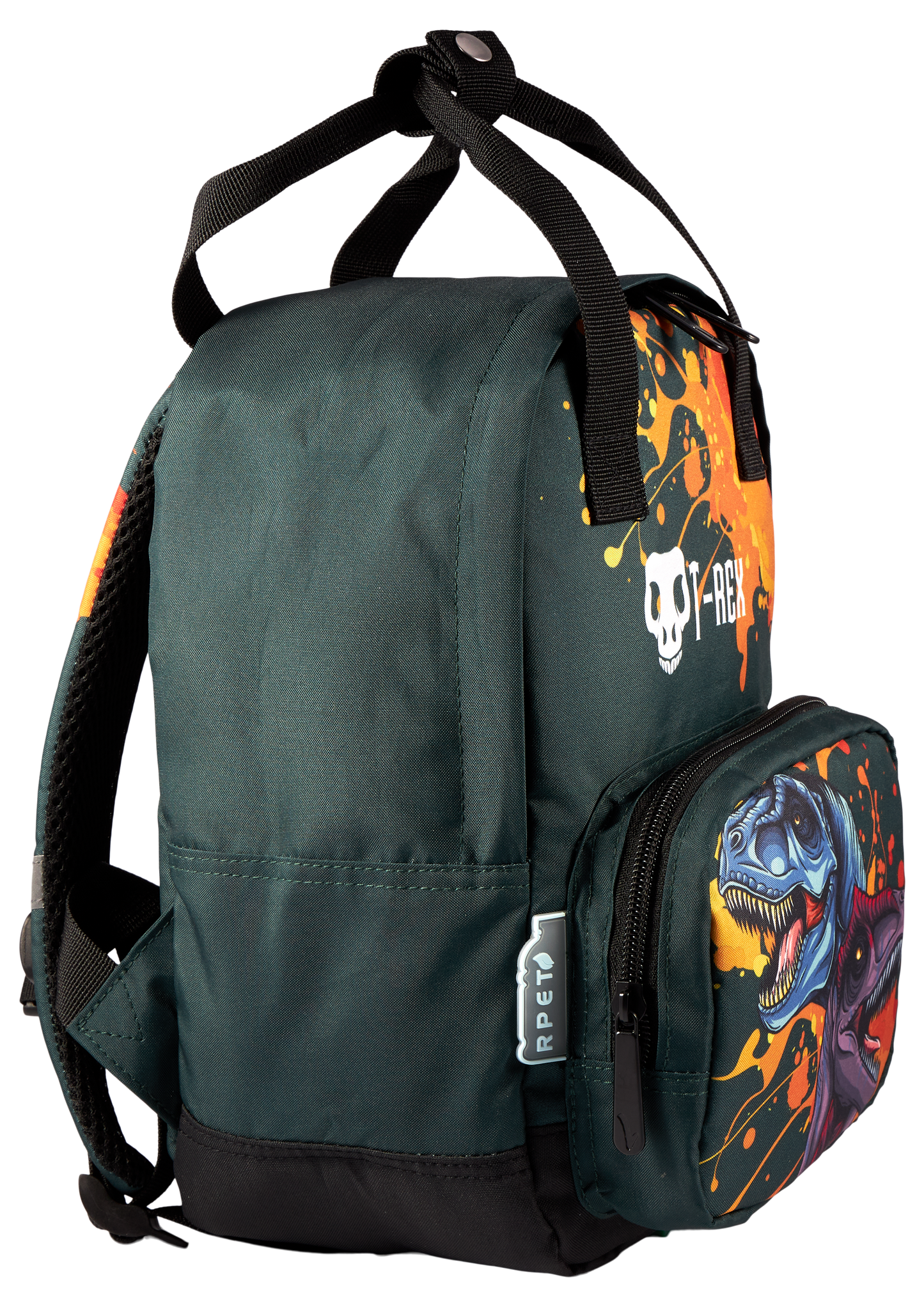 Dino T-REX small backpack with zippered front pocket 7L (29x20x13cm)
 Made from recycled plastic bottles