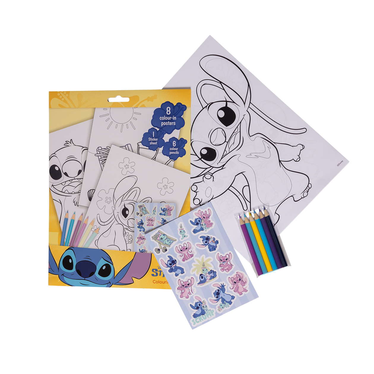 STITCH, Coloring set w/6 col. pencils, sticker