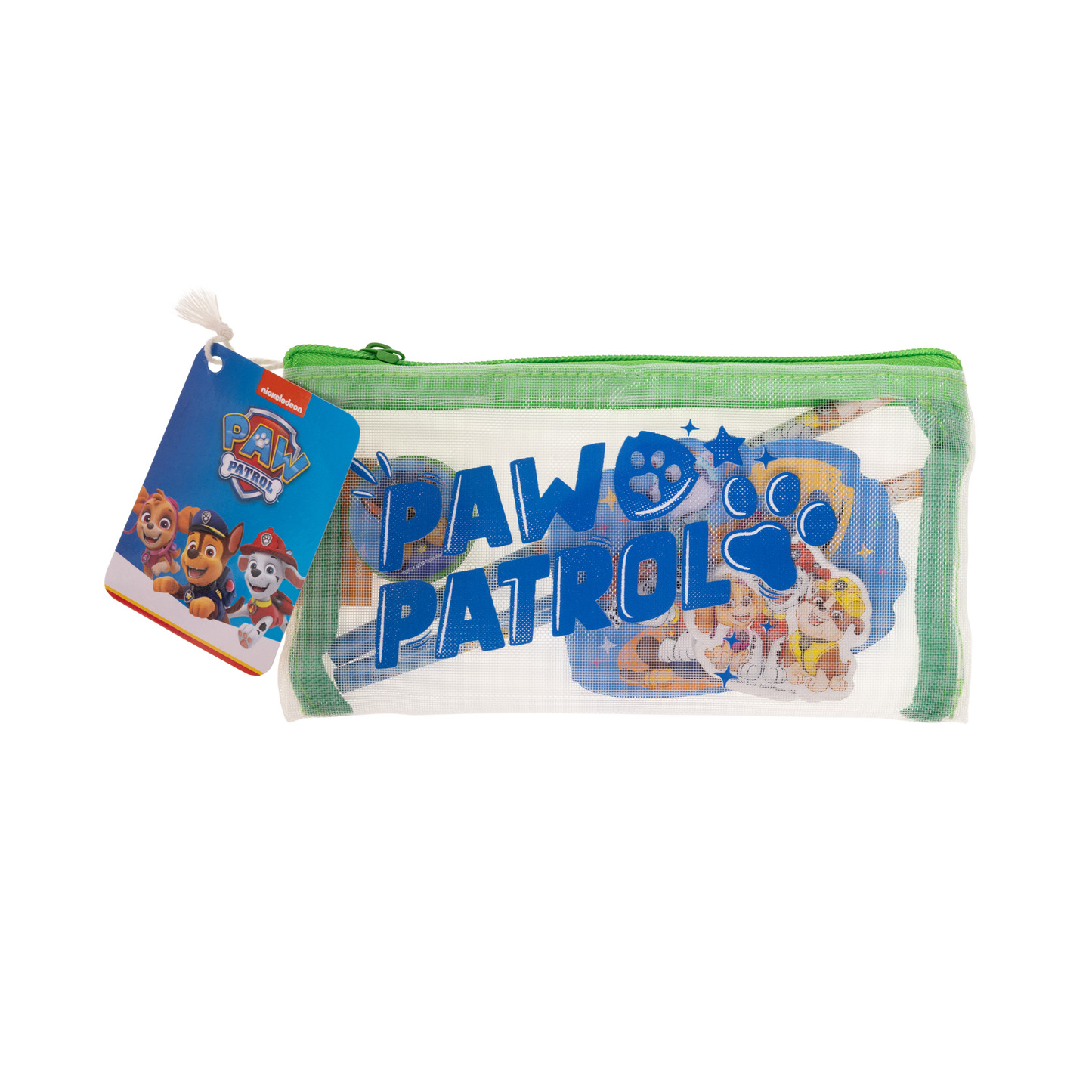 Paw Patrol stuffed pencil case with mesh, 2 pencils, 1 round pencil sharpener and 1 eraser