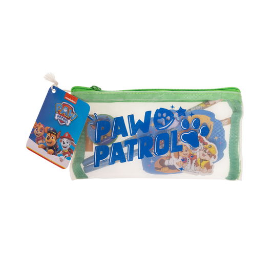 Paw Patrol stuffed pencil case with mesh, 2 pencils, 1 round pencil sharpener and 1 eraser