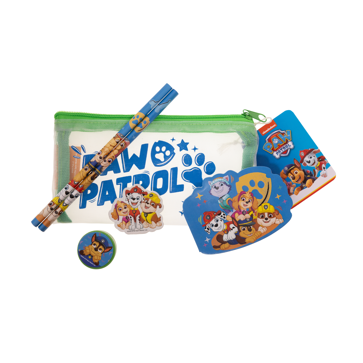 Paw Patrol stuffed pencil case with mesh, 2 pencils, 1 round pencil sharpener and 1 eraser