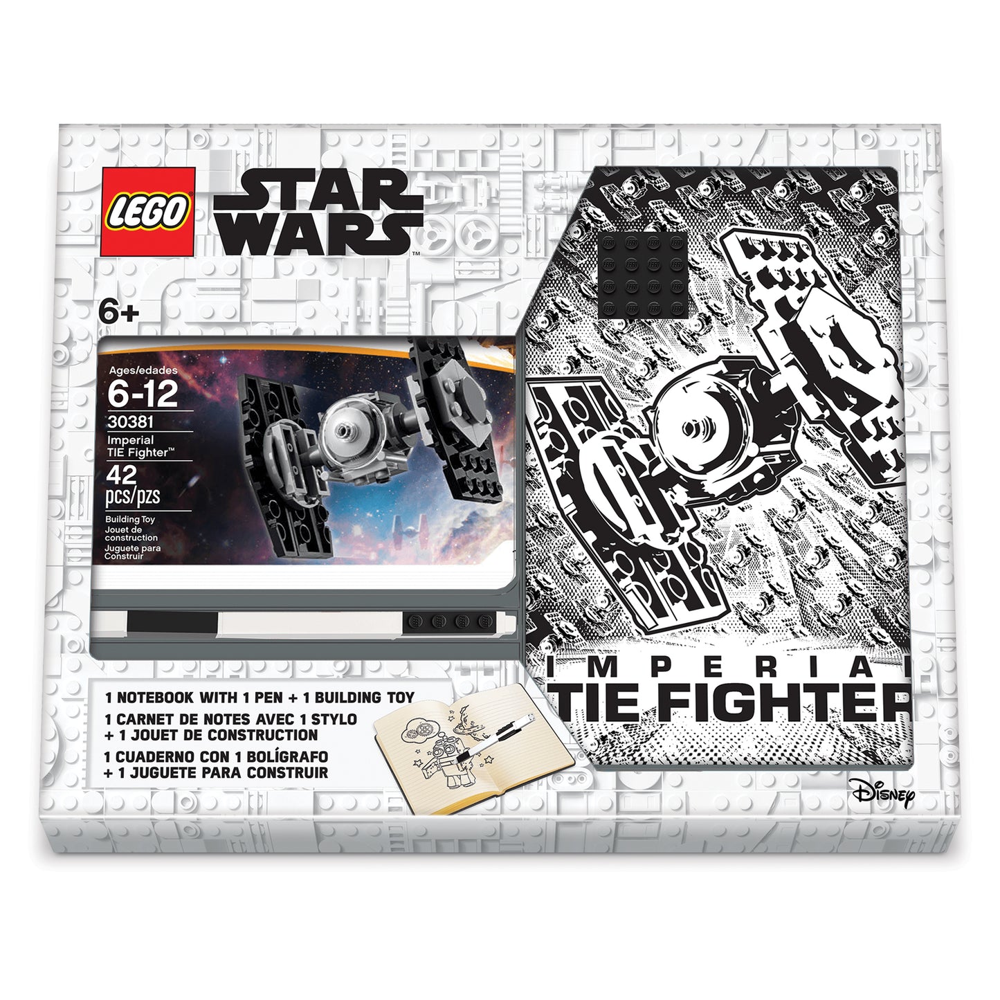 LEGO Star Wars notebook with 4X4 black brick, 1 pen and mini LEGO set Tie Fighter.