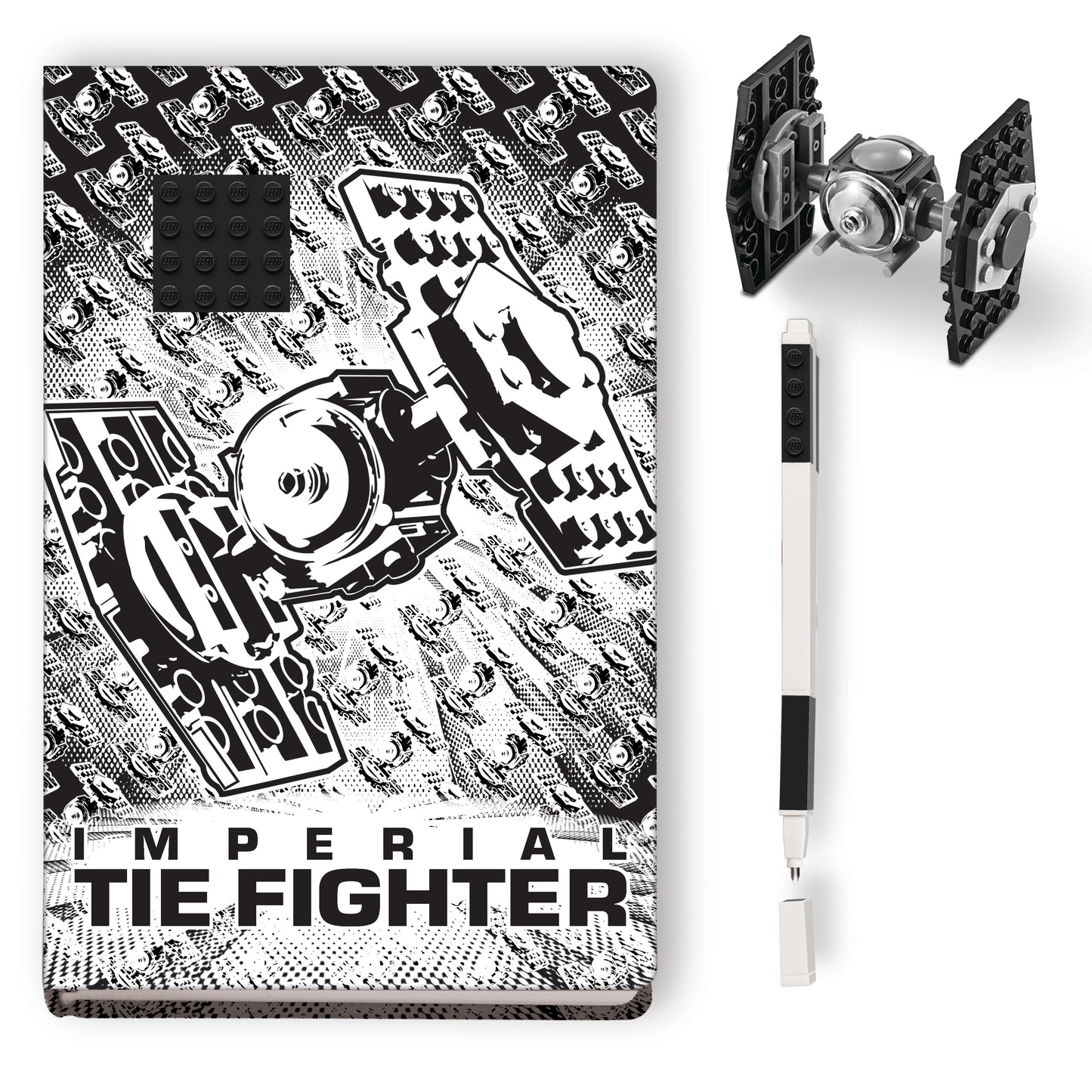 LEGO Star Wars notebook with 4X4 black brick, 1 pen and mini LEGO set Tie Fighter.