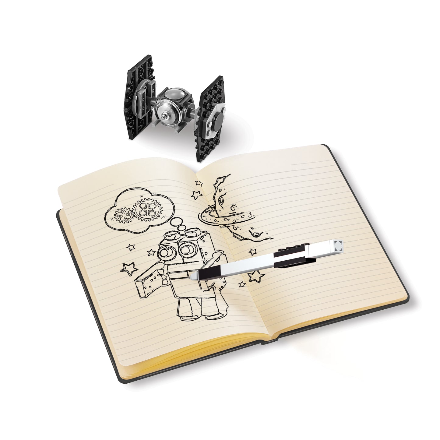 LEGO Star Wars notebook with 4X4 black brick, 1 pen and mini LEGO set Tie Fighter.